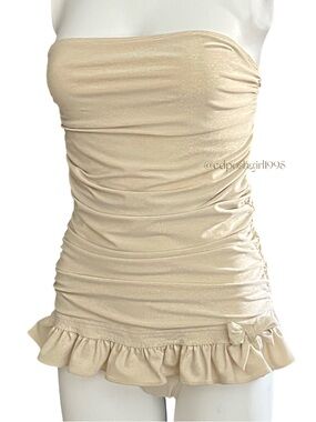 Y2K Juicy Couture Beach Royalty Gold shimmer Ruffle one piece Swimsuit swimskirt